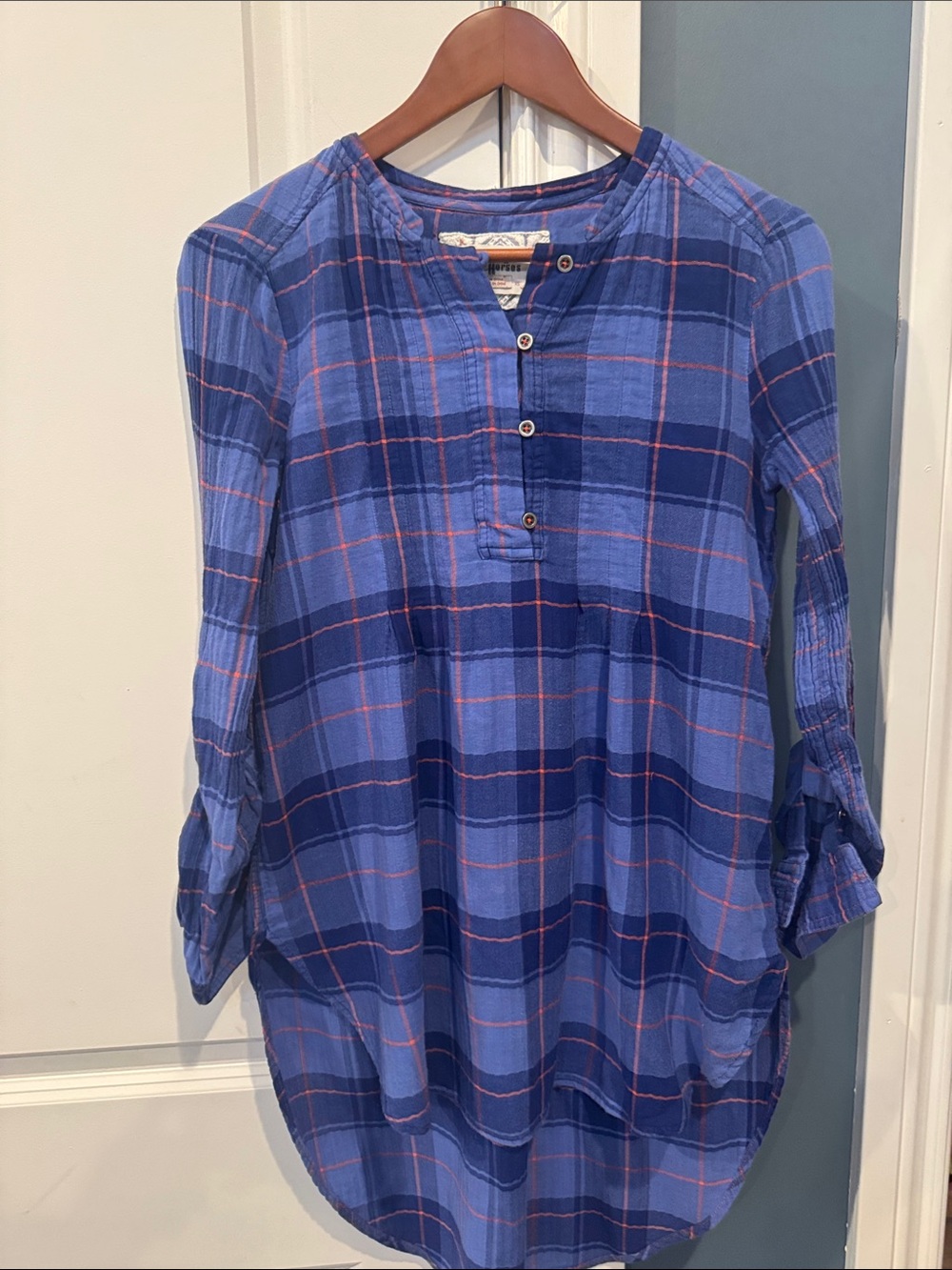 Holding horses Anthropologie Blue Plaid Henley Tunic Shirt mini dress XS